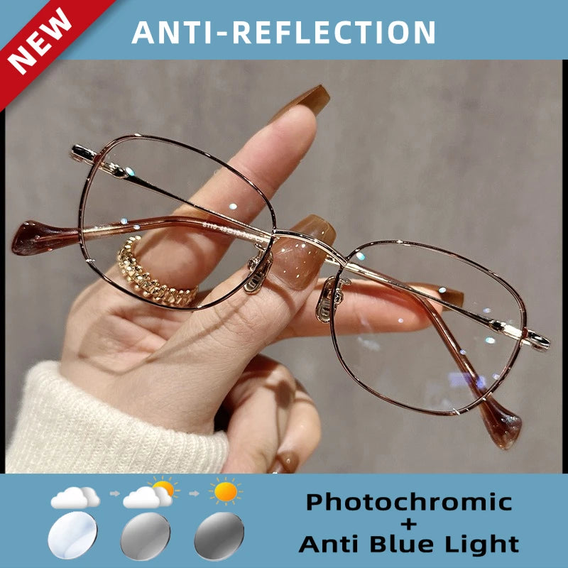 EYORA Ultralight Luxury Alloy Small Frame Reading Glasses Anti Blue Light Myopia and Hyperopia Photochromic Prescription Eyewear
