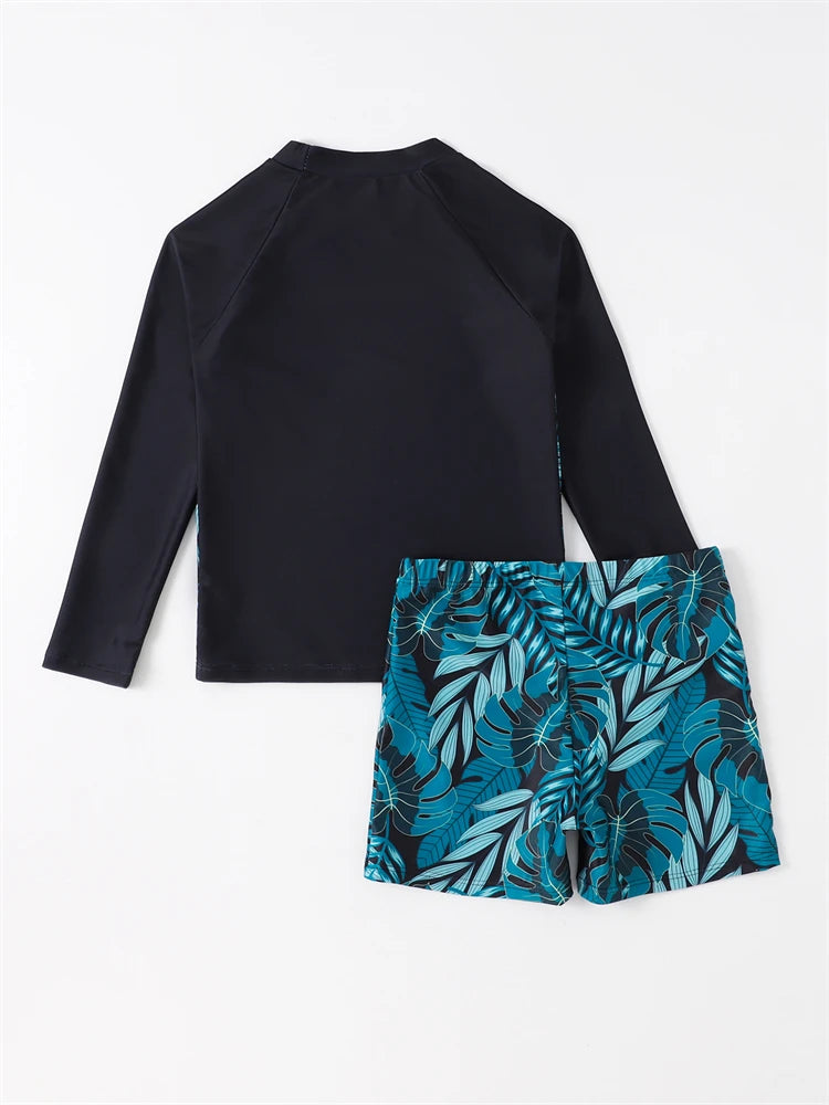 Boy Swimsuit 2026 New Solid And Print Long Sleeve Children Swimwear Summer Kids Beach Wear Shorts Swimming Bathing Suit For Men