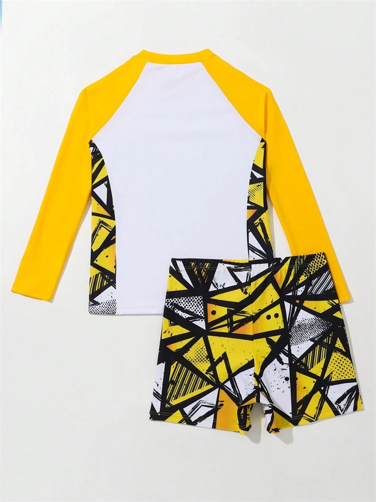 Boy Swimsuit 2026 New Solid And Print Long Sleeve Children Swimwear Summer Kids Beach Wear Shorts Swimming Bathing Suit For Men