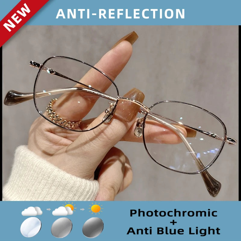 EYORA Ultralight Luxury Alloy Small Frame Reading Glasses Anti Blue Light Myopia and Hyperopia Photochromic Prescription Eyewear