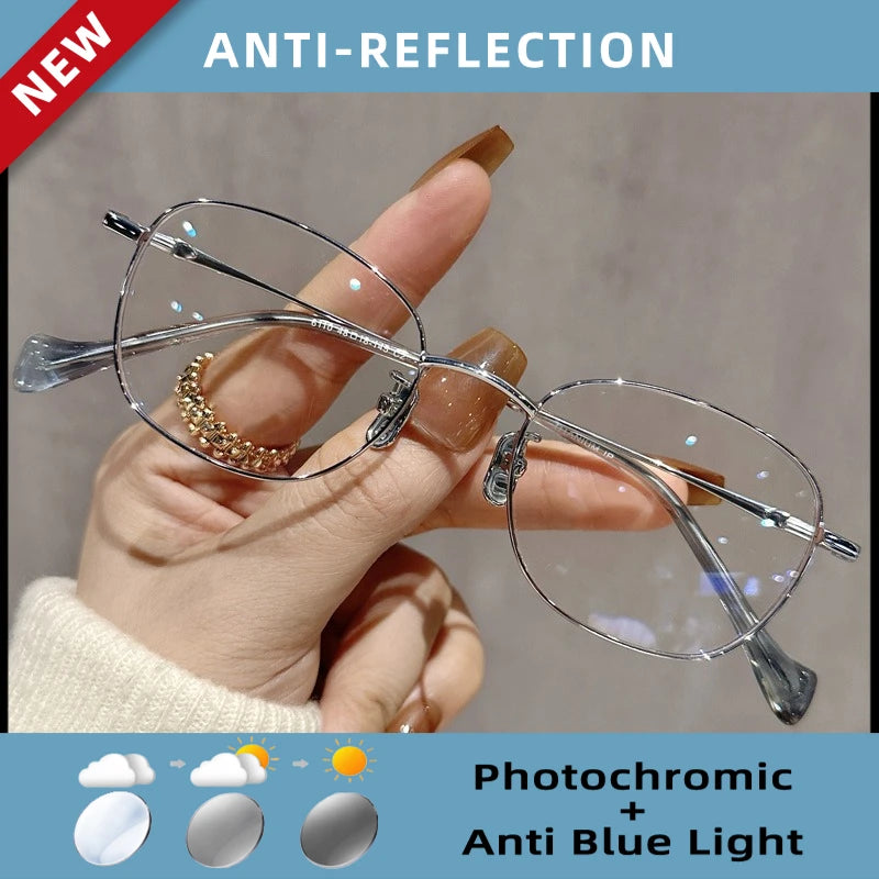 EYORA Ultralight Luxury Alloy Small Frame Reading Glasses Anti Blue Light Myopia and Hyperopia Photochromic Prescription Eyewear