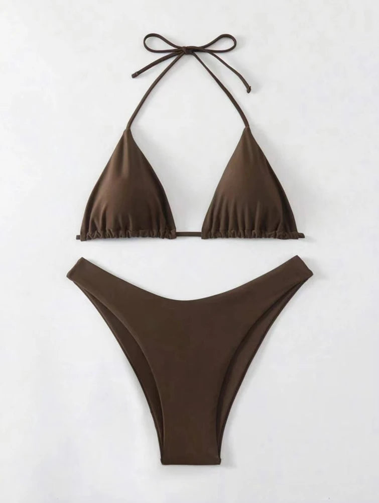 Women Thong Bikini Sexy Solid White/Black/Coffee Halter Swimsuit Lace Up Brazilian Bathing Suit 2025 New Double Fabric Beachwear